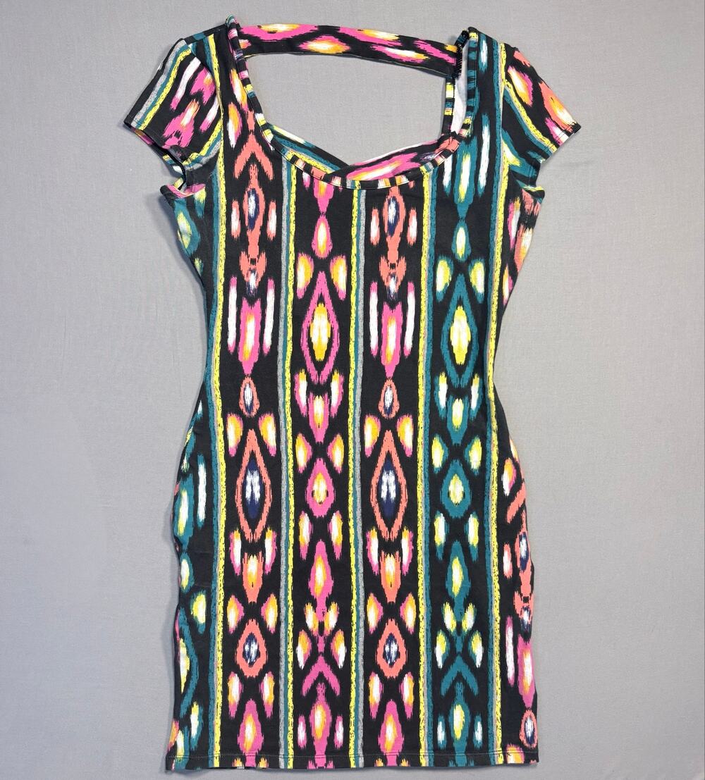 Y2K Tribal Print Mini Dress Ikat Geometric Pink Yellow Short Sleeve Womens Med